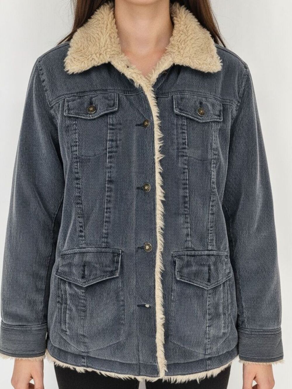 Y2K Faded Glory Womens  Sz L Blue Corduroy Jacket Sherpa Lined Vintage